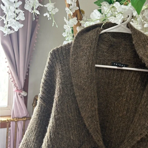 Tribal Taupe Ribbed Shawl-Collar Cardigan - Picture 4 of 10